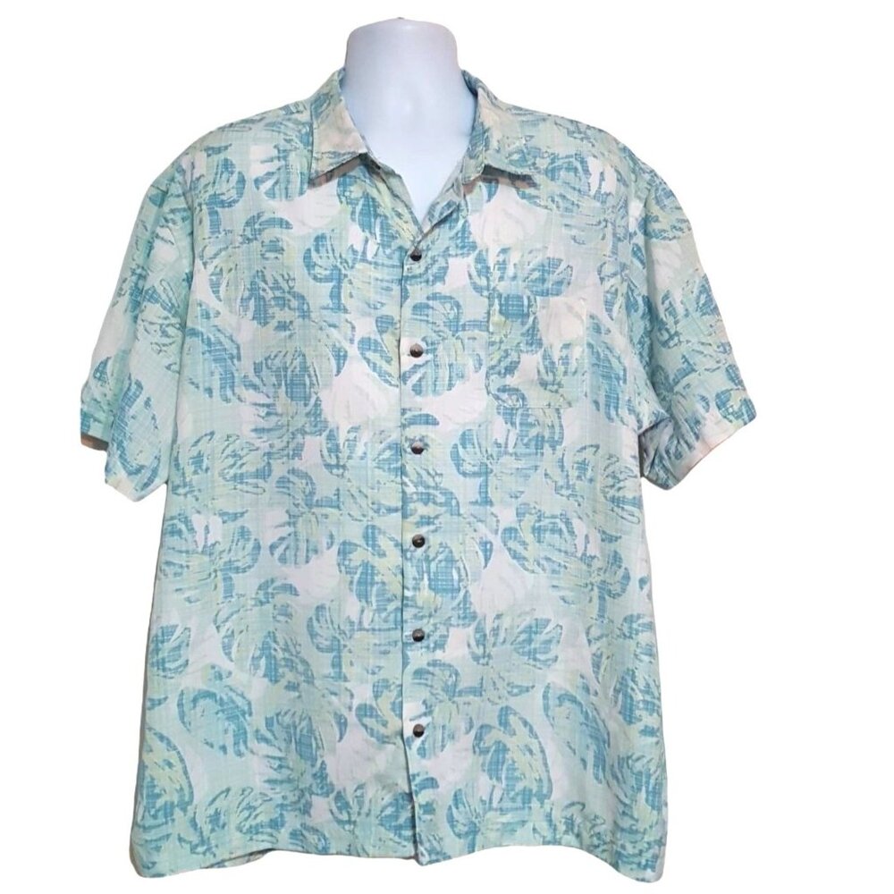 Van Heusen Mens Short‎ Sleeve Shirt XXL Green Blue Leaves Tropical
